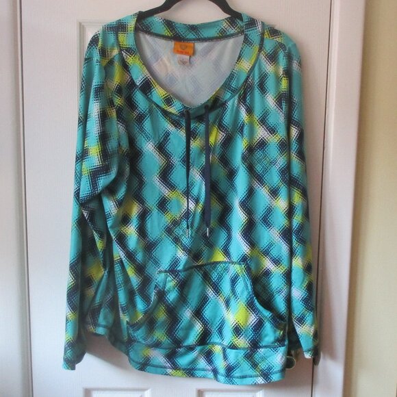 Ruby Rd Dark Green & Navy Blue Geometric Print Top NEW LG - Picture 1 of 6
